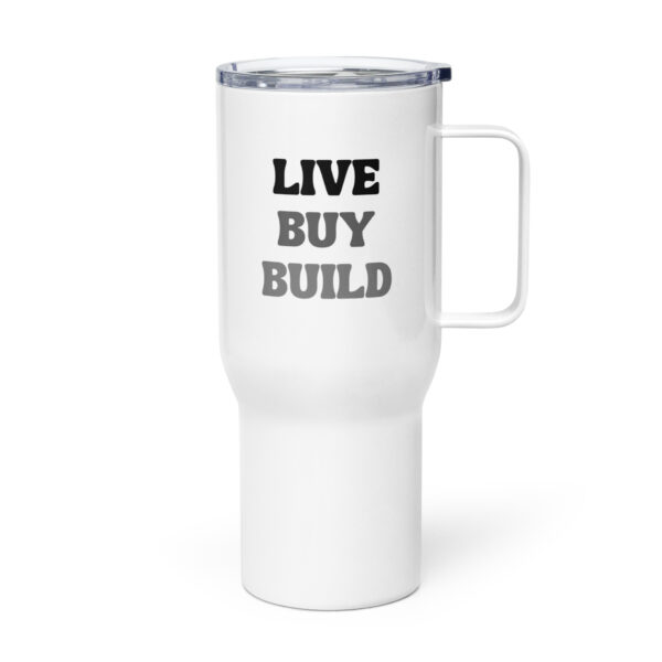 "Live, Buy, Build" Travel mug with a handle - Image 3